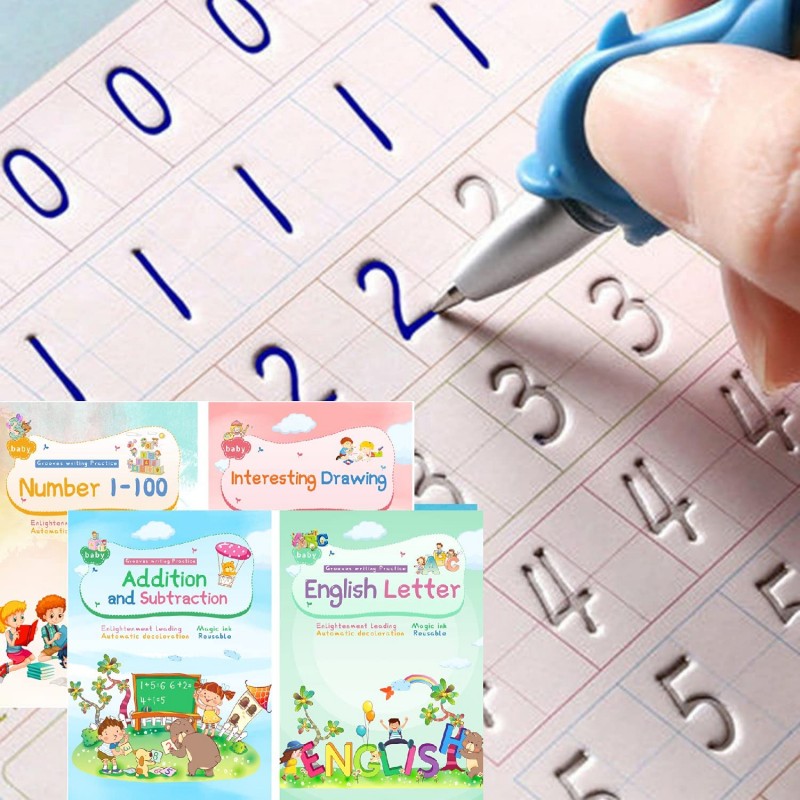 Children's Magical Handwriting Workbooks With Reusable Writing Tool (4 BOOKS+10 REFILL)