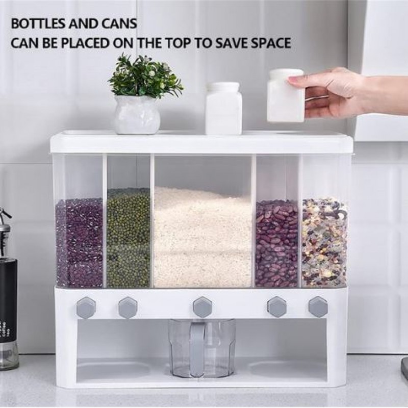 15 Kg Kitchen Five Grid Rice Cereal Insect Wet Proof Dispenser Container With Measure Cup