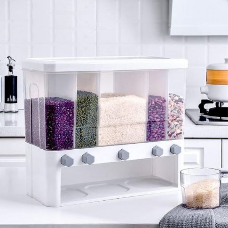 15 Kg Kitchen Five Grid Rice Cereal Insect Wet Proof Dispenser Container With Measure Cup