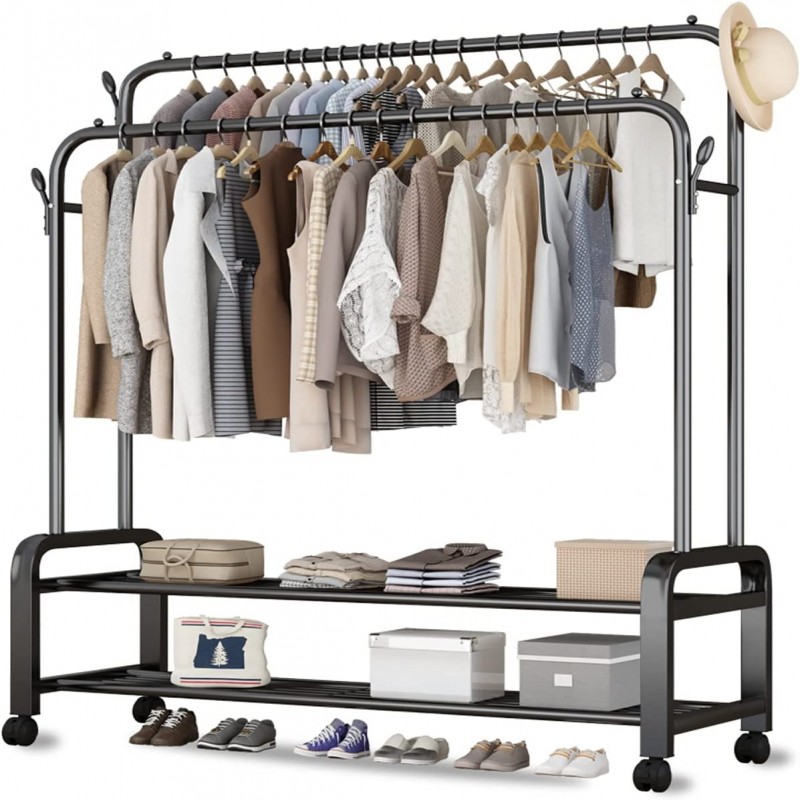 Clothes Rack with Shoe Shelf, Coat Display Stand with 4 Wheels for Bedroom  (Color: Black)