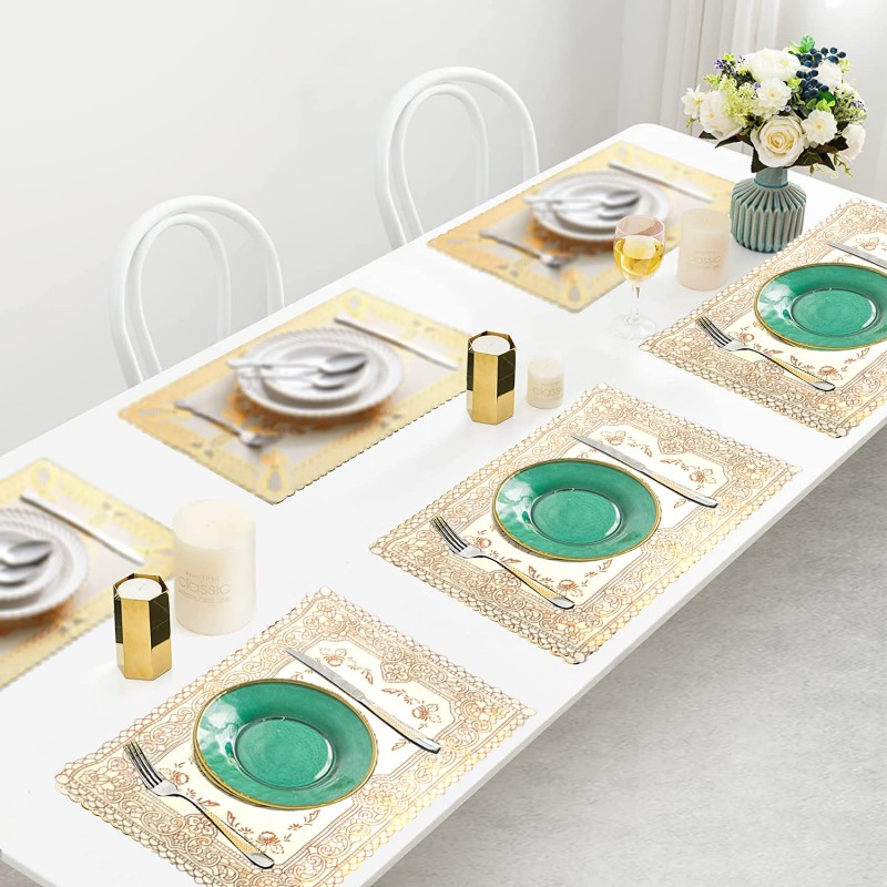 Placemats Kitchen Table Mat for Dining Table Non-Slip Washable Heat Resistant Plate Mat Rectangle Gold Bloom Kitchen Table Mats Set of 6 (Golden)