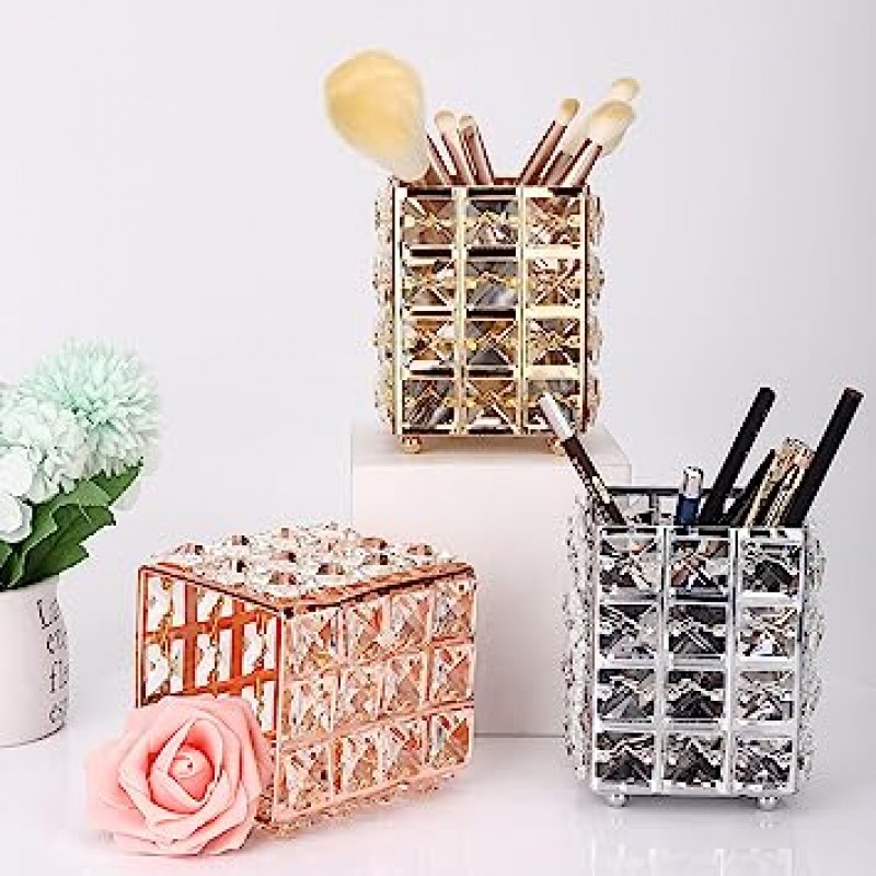 Crystal Makeup Brush Holder, Cosmetic Organizer for Makeup Brushes, Rectangle, Rose Gold