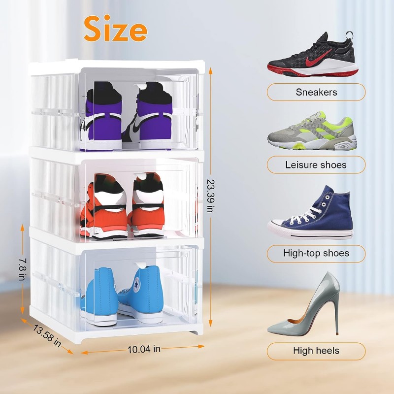 Shoe Storage Boxes, 3 Pack Installation-free Stackable Shoe Boxes Large Capacity, Shoe Organizer with Doors