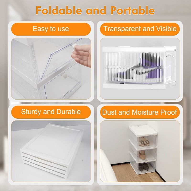 Shoe Storage Boxes, 3 Pack Installation-free Stackable Shoe Boxes Large Capacity, Shoe Organizer with Doors