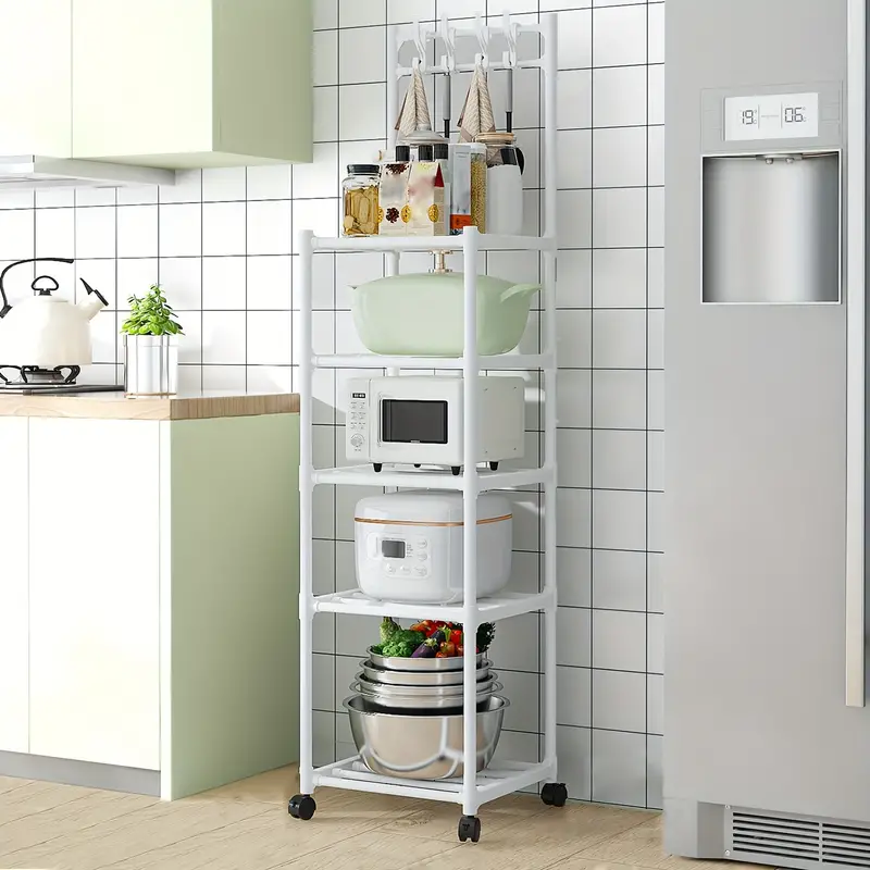 1pc 5-layer Kitchen Household Storage Rack With Pulleys & Hooks
