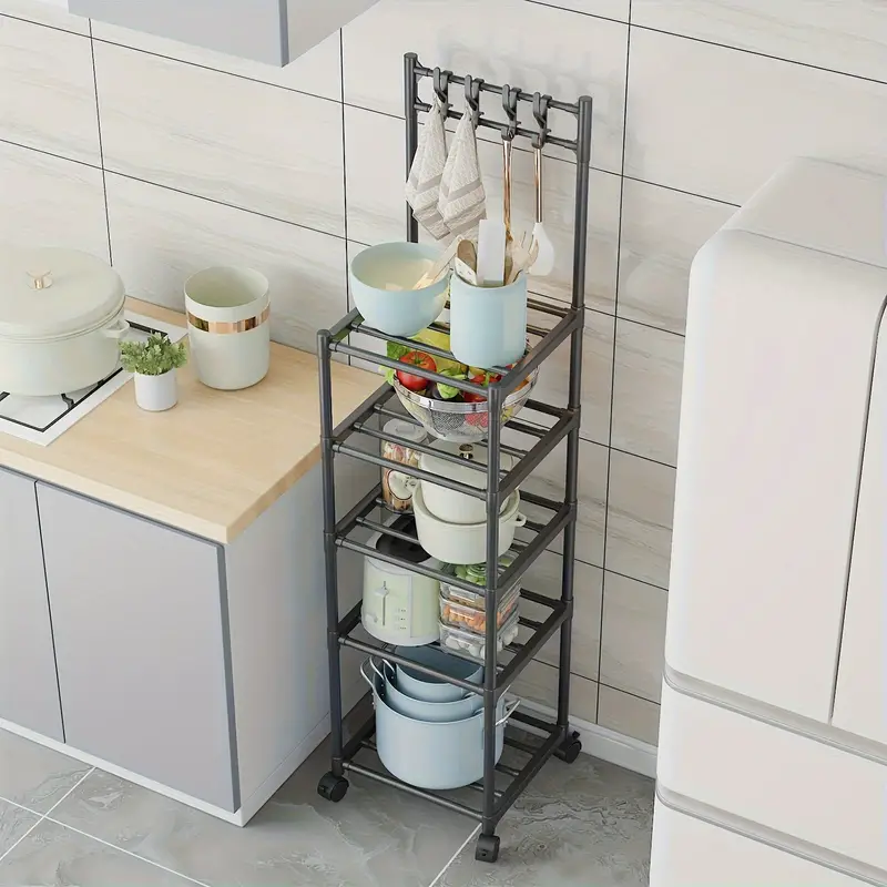 1pc 5-layer Kitchen Household Storage Rack With Pulleys & Hooks