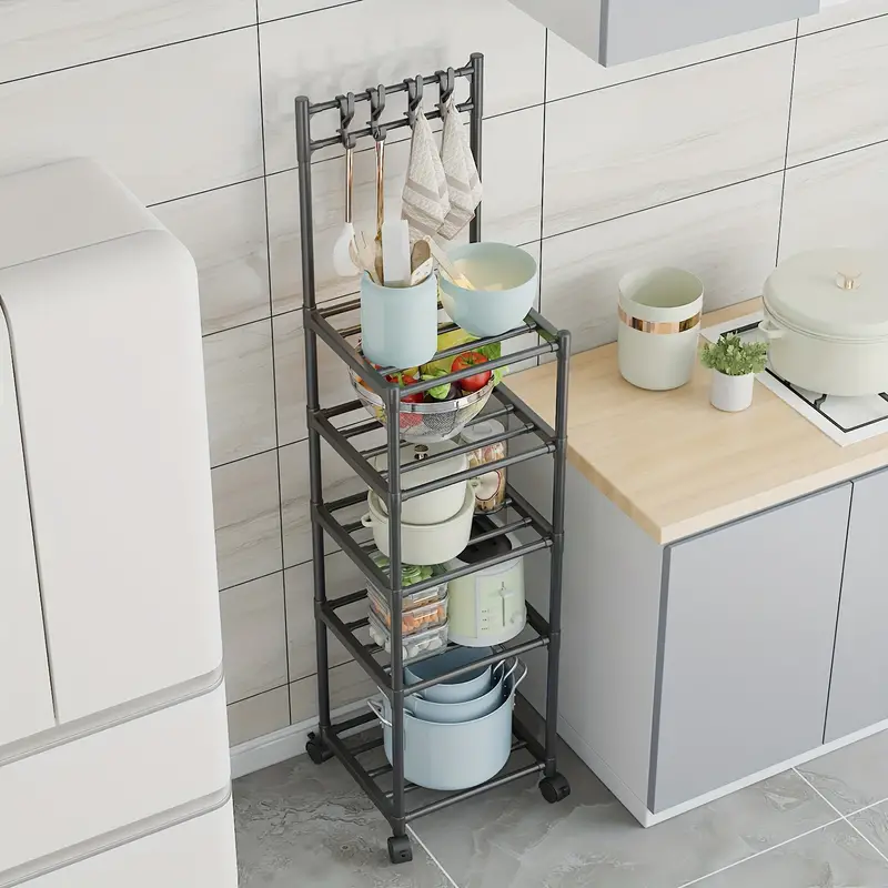 1pc 5-layer Kitchen Household Storage Rack With Pulleys & Hooks