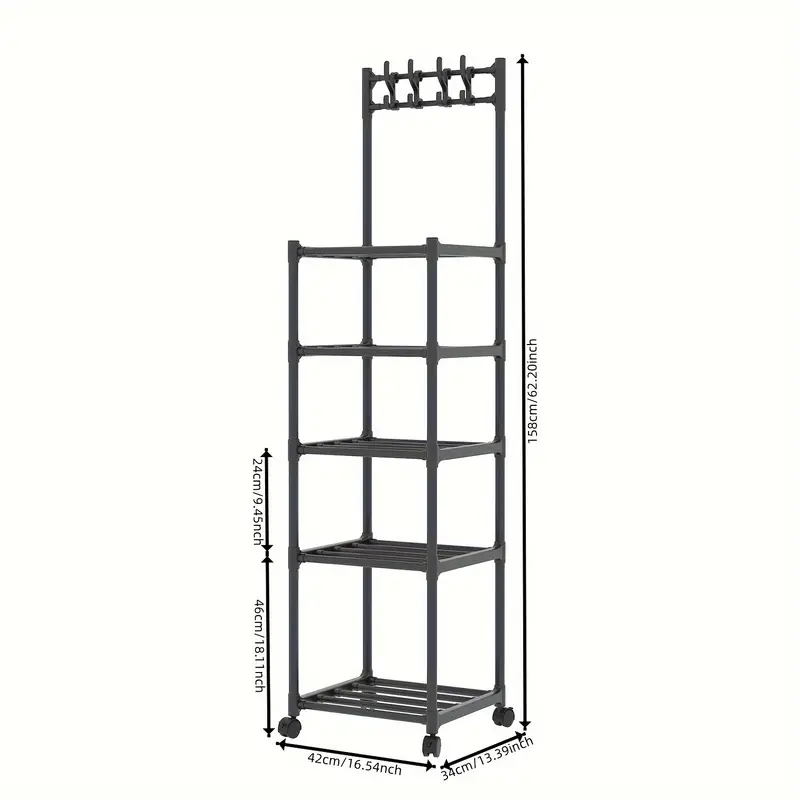 1pc 5-layer Kitchen Household Storage Rack With Pulleys & Hooks