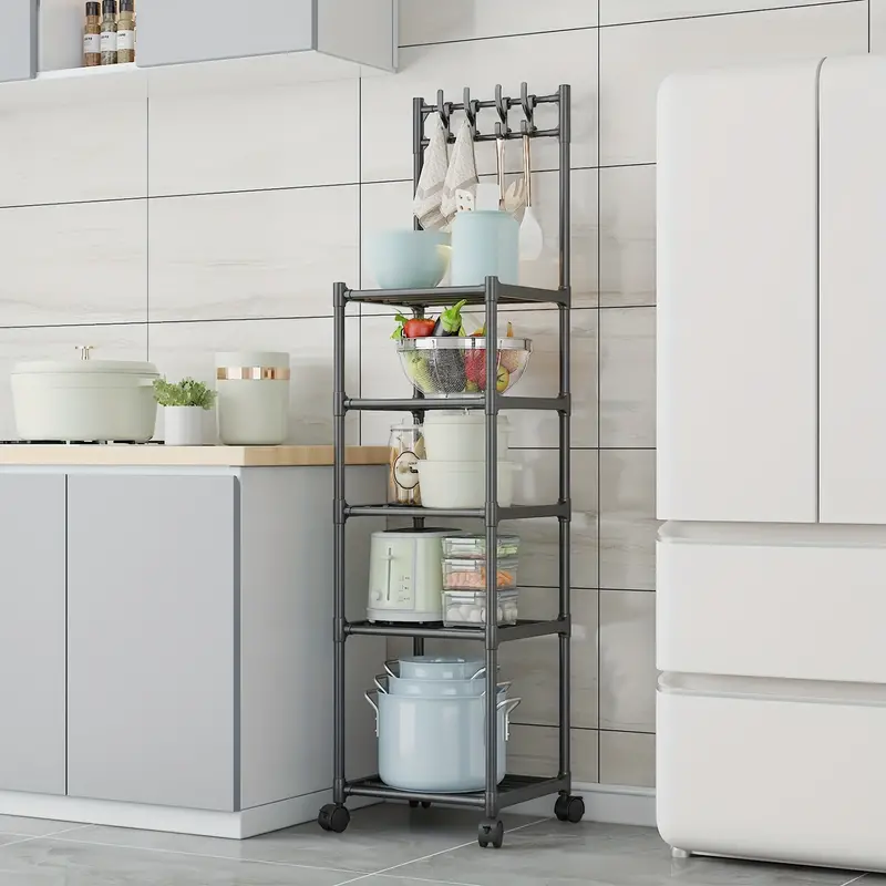 1pc 5-layer Kitchen Household Storage Rack With Pulleys & Hooks