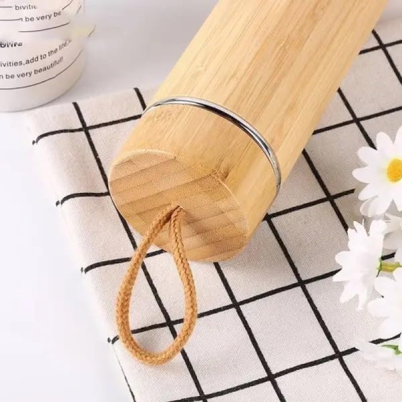 Portable Rope Lid Bamboo Stainless Steel Vacuum Insulated Water Bottle with Strainer 500ml