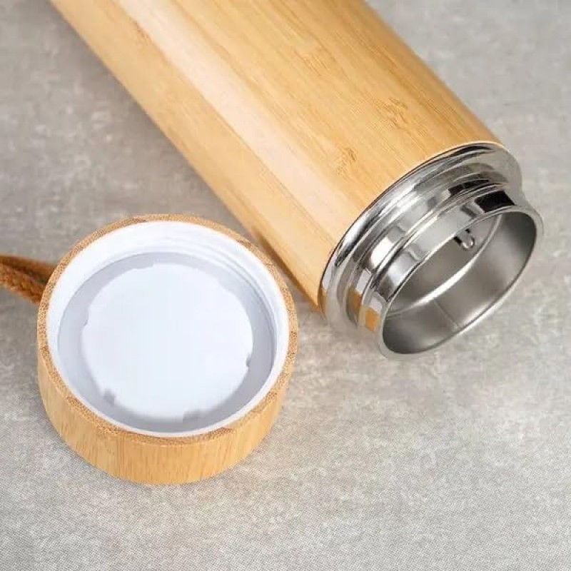 Portable Rope Lid Bamboo Stainless Steel Vacuum Insulated Water Bottle with Strainer 500ml
