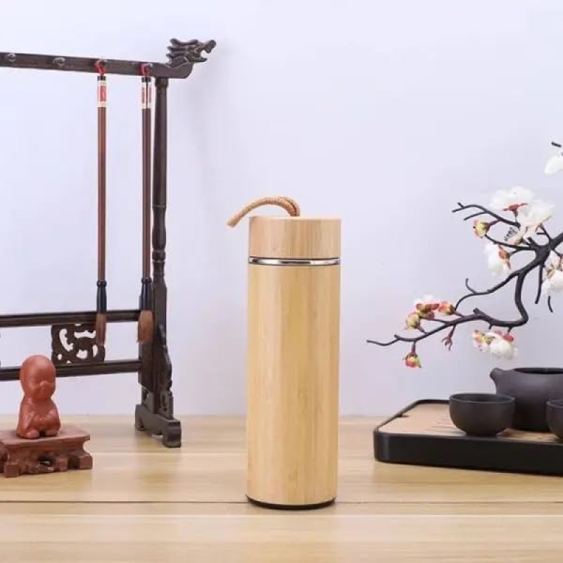 Portable Rope Lid Bamboo Stainless Steel Vacuum Insulated Water Bottle with Strainer 500ml