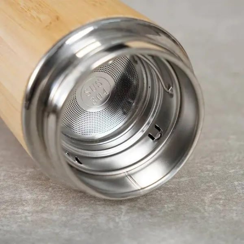 Portable Rope Lid Bamboo Stainless Steel Vacuum Insulated Water Bottle with Strainer 500ml