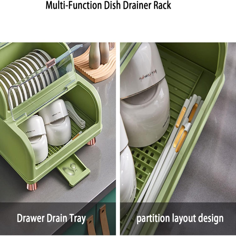 Multi-Function Dish Rack, Drain Dish Rack With Cover, Dish Drainer Utensil Organizer For Kitchen
