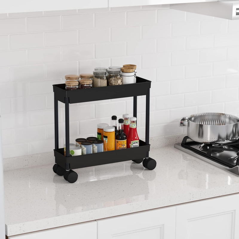 4 Tier Slim Storage Cart, Rolling Storage Cart, Narrow Shelf for Kitchen, Bathroom, Laundry Room (Black)