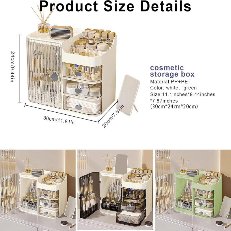Makeup Organizer Countertop - Cosmetic Display Case, Table Cosmetics Drawer | Large Capacity Cosmetics Storage Box, Makeup Brushes Holder With Mirror for Lipsticks, Hair Clips