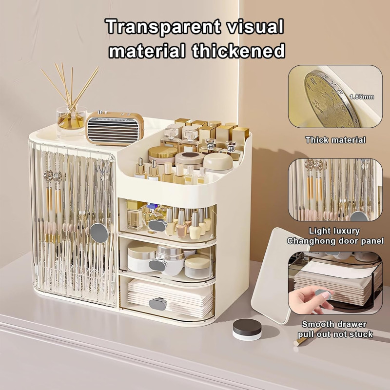 Makeup Organizer Countertop - Cosmetic Display Case, Table Cosmetics Drawer | Large Capacity Cosmetics Storage Box, Makeup Brushes Holder With Mirror for Lipsticks, Hair Clips