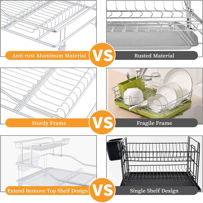 Aluminum 2 Tier Dish Drying Rack with Removable Drainer Cutlery Holder ...
