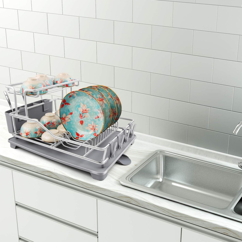 Aluminum 2 Tier Dish Drying Rack with Removable Drainer Cutlery Holder ...