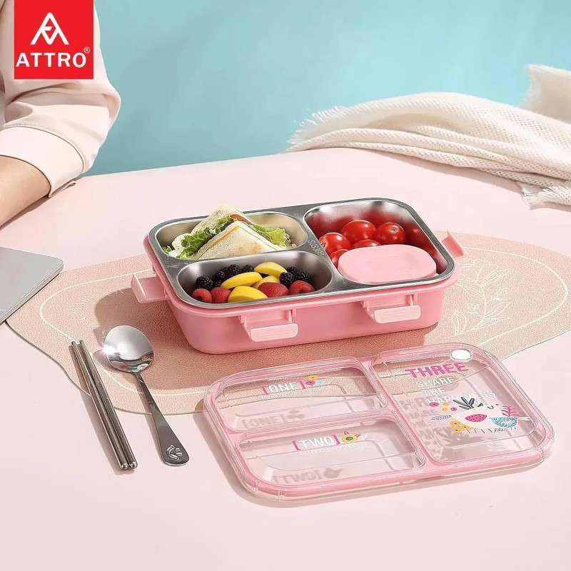 Kids Lunch Box with 3 Compartment Inner Steel, 1 Small Container, Spoon & Chopstick Air-Tight Leakproof Heat Water Insulation Design