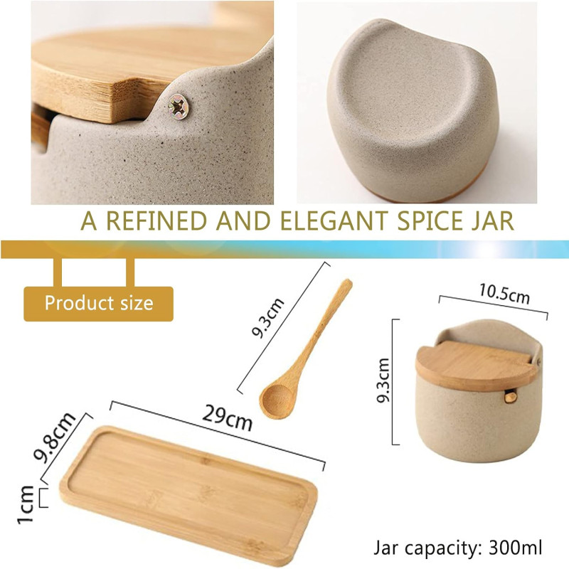 (Set of 2) Japanese Style Ceramic Spice Jars, Seasoning Jar Combination Set With 2 Wooden Spoons, Lid & Tray
