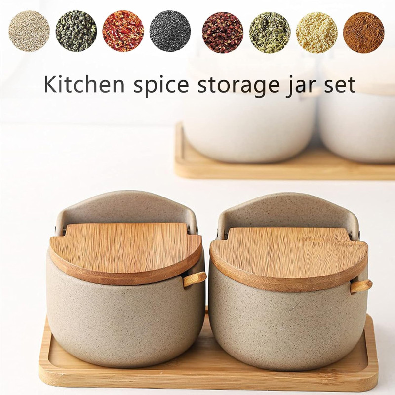 (Set of 2) Japanese Style Ceramic Spice Jars, Seasoning Jar Combination Set With 2 Wooden Spoons, Lid & Tray