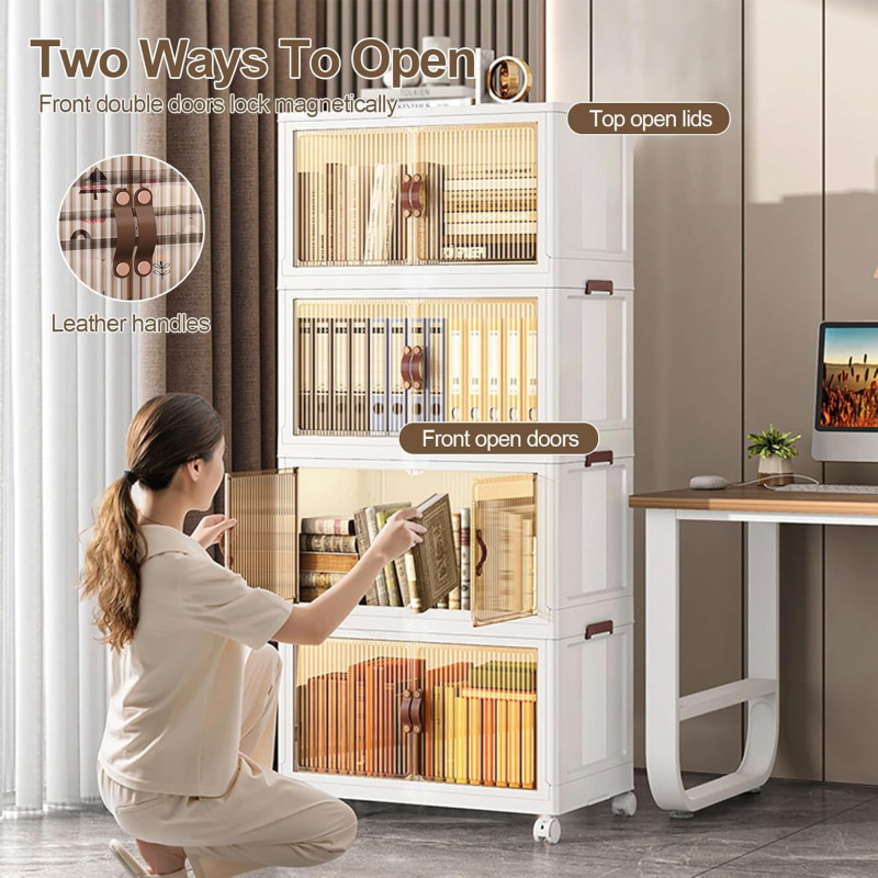 Stackable Storage Bins with Lids, 5 Tier Plastic Storage Cabinets Closet Organizers with Doors, Folding Storage Boxes for Home Kitchen Dorm