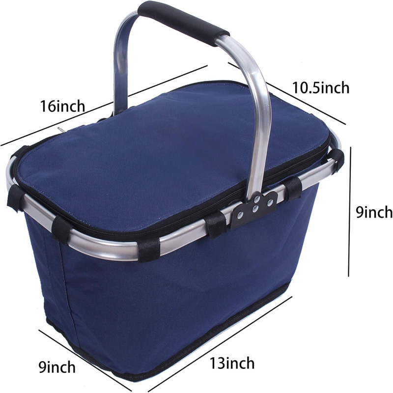 Large Size Picnic Basket Insulated- Strong Aluminum Frame - Waterproof Lining - Take it Camping, Picnicking, Lake Trips, or Family Vacations
