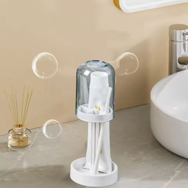 Household Bathroom 3-In-1 Toothbrush Holder Toothpaste & Mouthwash Cup Organizer Dry And Dustproof Cleaning Tool Storage Rack