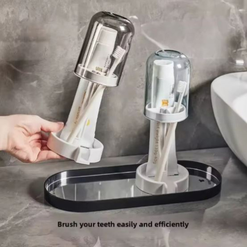 Household Bathroom 3-In-1 Toothbrush Holder Toothpaste & Mouthwash Cup Organizer Dry And Dustproof Cleaning Tool Storage Rack