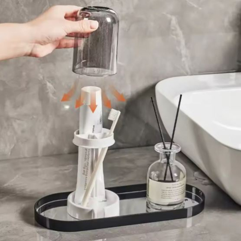 Household Bathroom 3-In-1 Toothbrush Holder Toothpaste & Mouthwash Cup Organizer Dry And Dustproof Cleaning Tool Storage Rack
