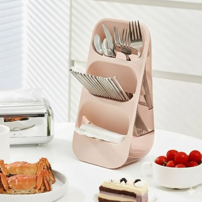 Vertical 3-Compartment Cutlery Organizer & Drainer, Oblique Plug-In Cutlery Organizer