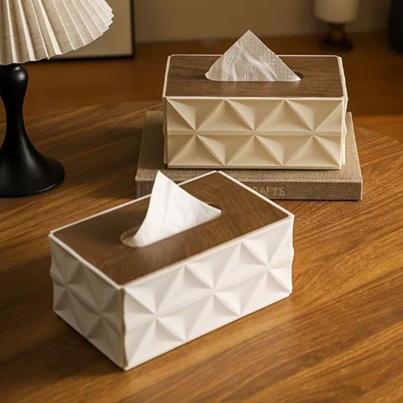 Modern Geometric Tissue Box Cover with Wooden Finish Lid - NY-Store