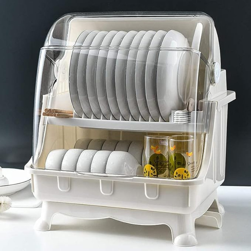 Dish Drying Rack with Lid, 2 Tier Dish Rack with Utensil Holder, Cup Holder and Dish Drainer for Kitchen Counter, Plastic Dish Drainer Shelf with Swivel Spout Dish Rack