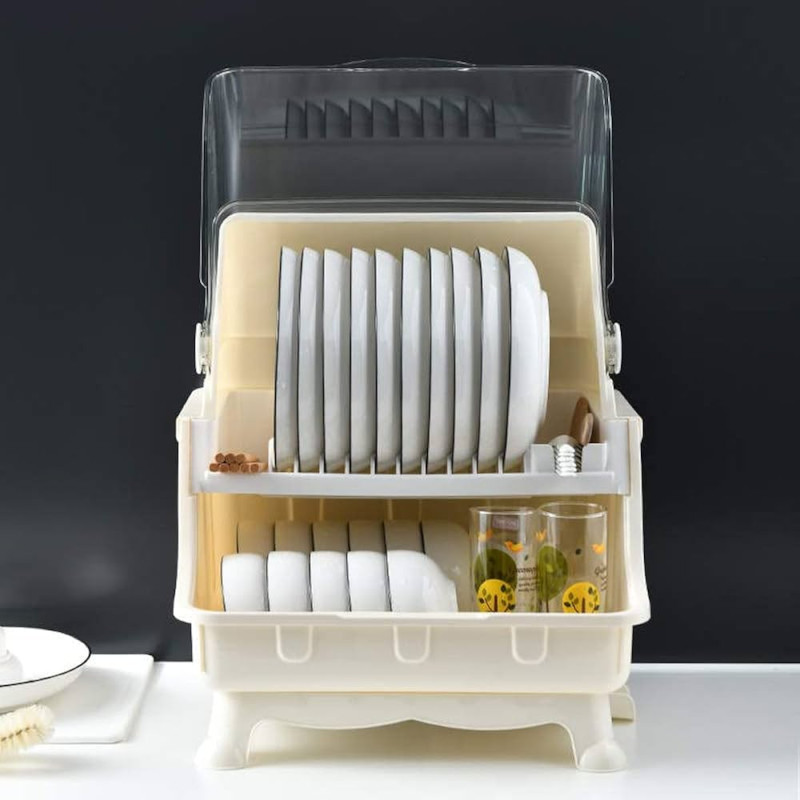 Dish Drying Rack with Lid, 2 Tier Dish Rack with Utensil Holder, Cup Holder and Dish Drainer for Kitchen Counter, Plastic Dish Drainer Shelf with Swivel Spout Dish Rack