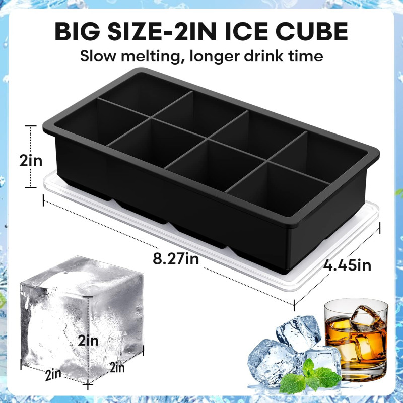 Large Ice Cube Tray - Big 2-Inch Square Silicone Ice Cube Molds with Removable Lids