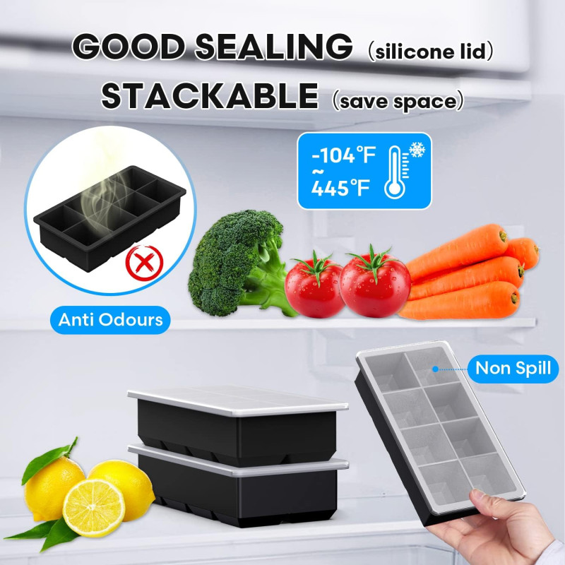 Large Ice Cube Tray - Big 2-Inch Square Silicone Ice Cube Molds with Removable Lids