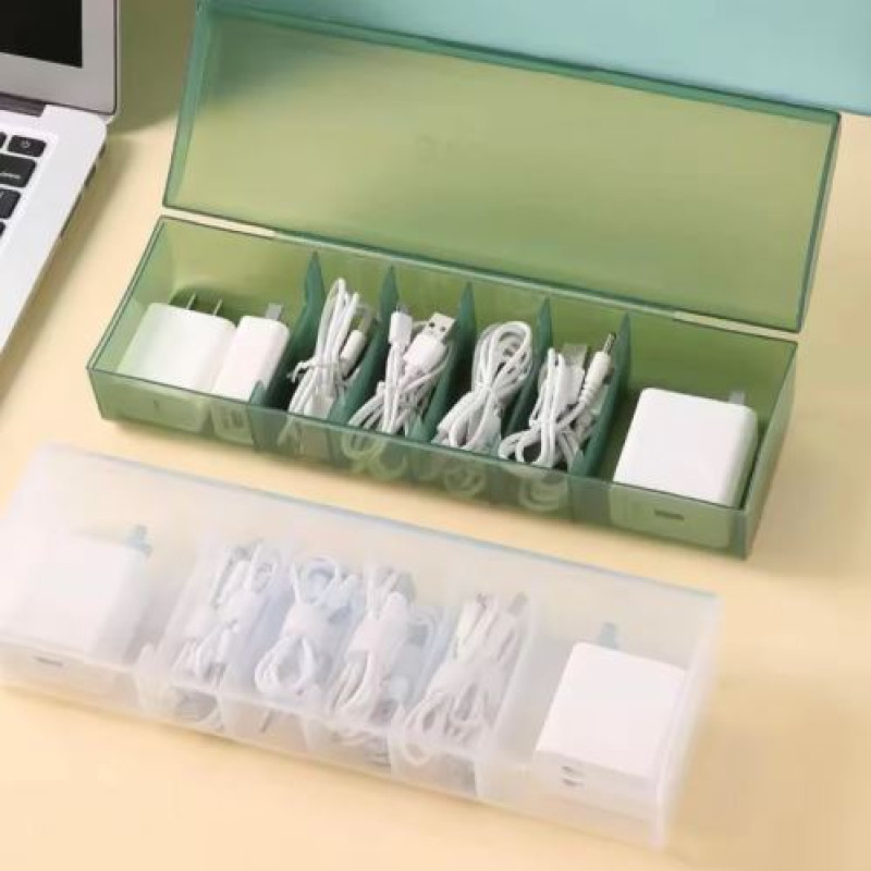 7 Compartment Data Cable Storage Box, Dustproof Desktop Organizer For Office Home, Transparent Data Cable Organizer With Lid