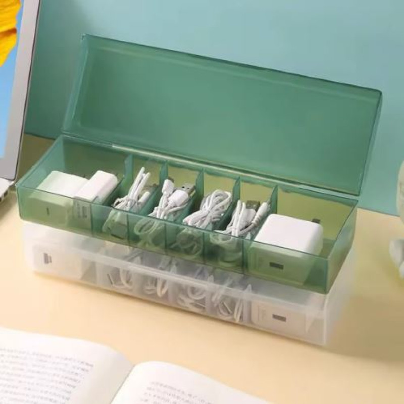 7 Compartment Data Cable Storage Box, Dustproof Desktop Organizer For Office Home, Transparent Data Cable Organizer With Lid