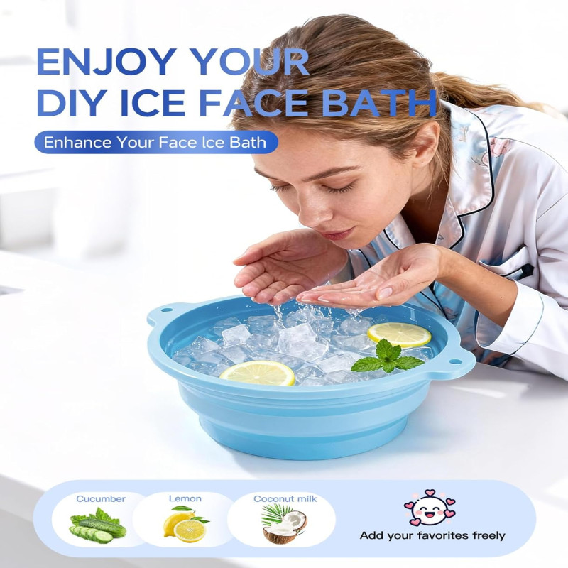 Silicone Ice Cube Bowl for Ice Facial & Cold Therapy, Foldable Facial Ice Bath with Built-in Icetray