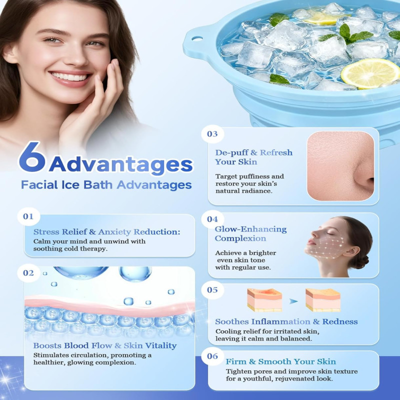 Silicone Ice Cube Bowl for Ice Facial & Cold Therapy, Foldable Facial Ice Bath with Built-in Icetray