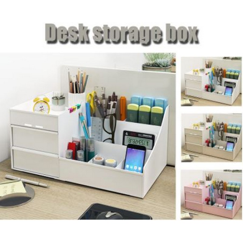 Desktop Stationery Supplies Organizer - Rectangle Pen Organizer with Two Drawers - Creative Office Desk Pen Holder