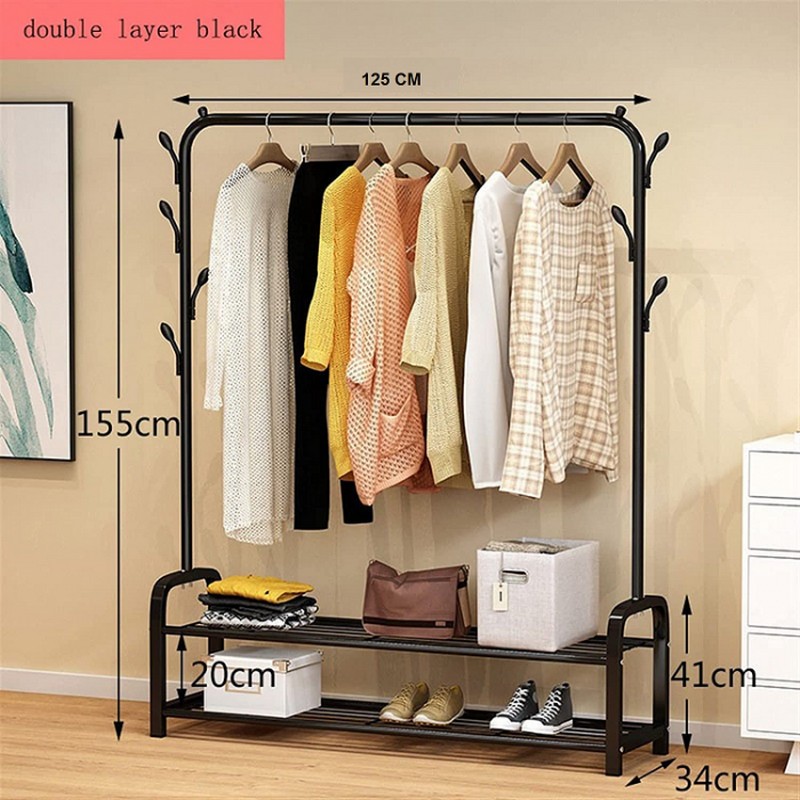 Clothes Coat Dryer Rack with 2 Layer Shoes Racks Shelves / Coat Dress Hanger Stand - Black