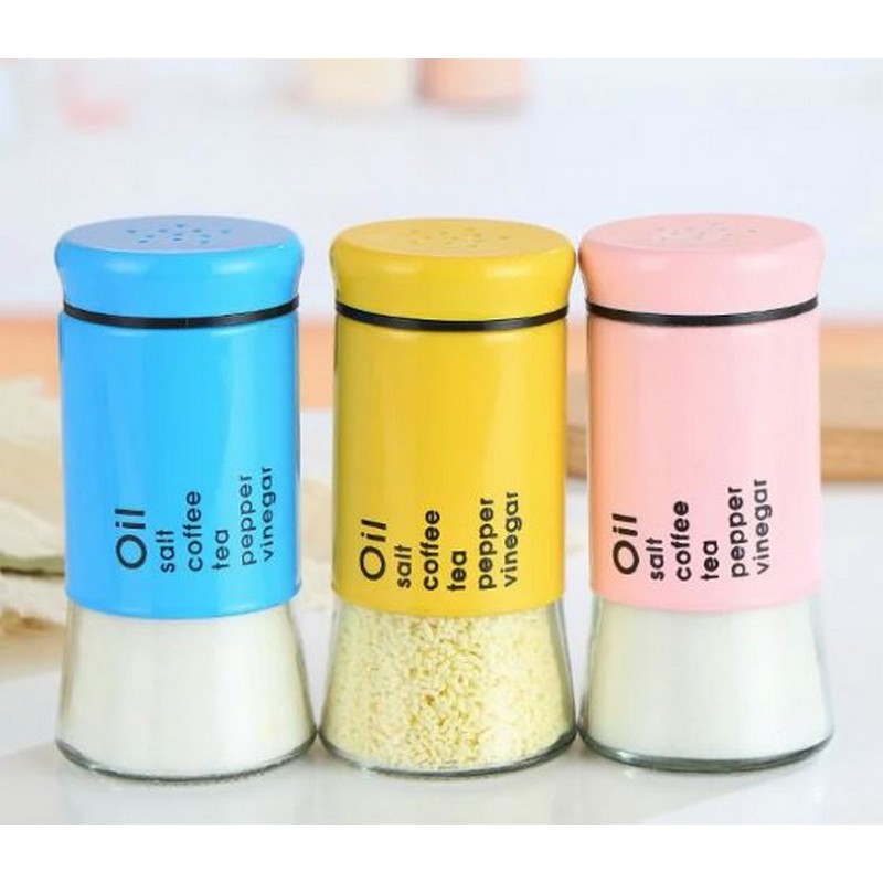Spice Jar Sugar Salt Storage Container Seasoning Pots with Adjustable Pour Holes Stainless Steel & Glass Jar (1Pc)