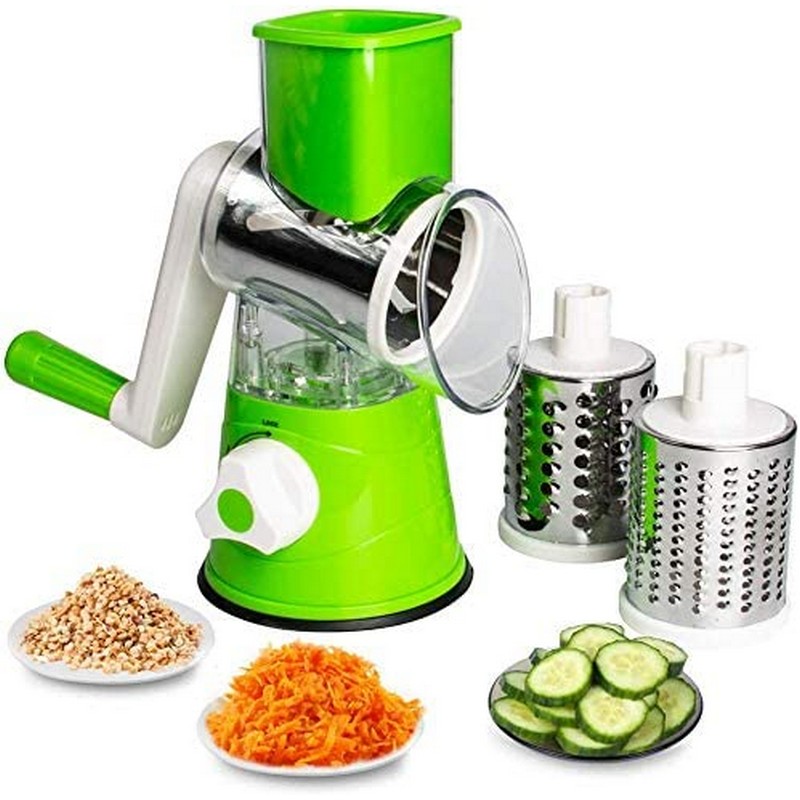 Manual Tabletop Drum Cheese Grater, 3 in 1 Rotary Shredder Slicer Grinder for Cucumber Nut Potato Carrot Cheese, Vegetable Salad Shooter