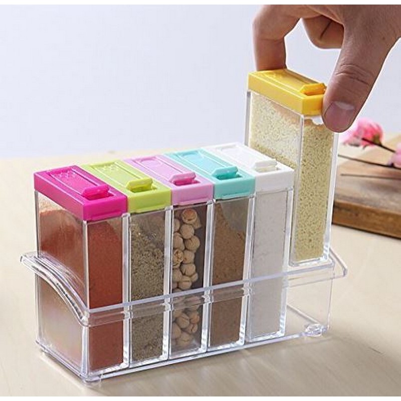 6 Units Transparent Spice Container - Multicolor Masala Storage Box