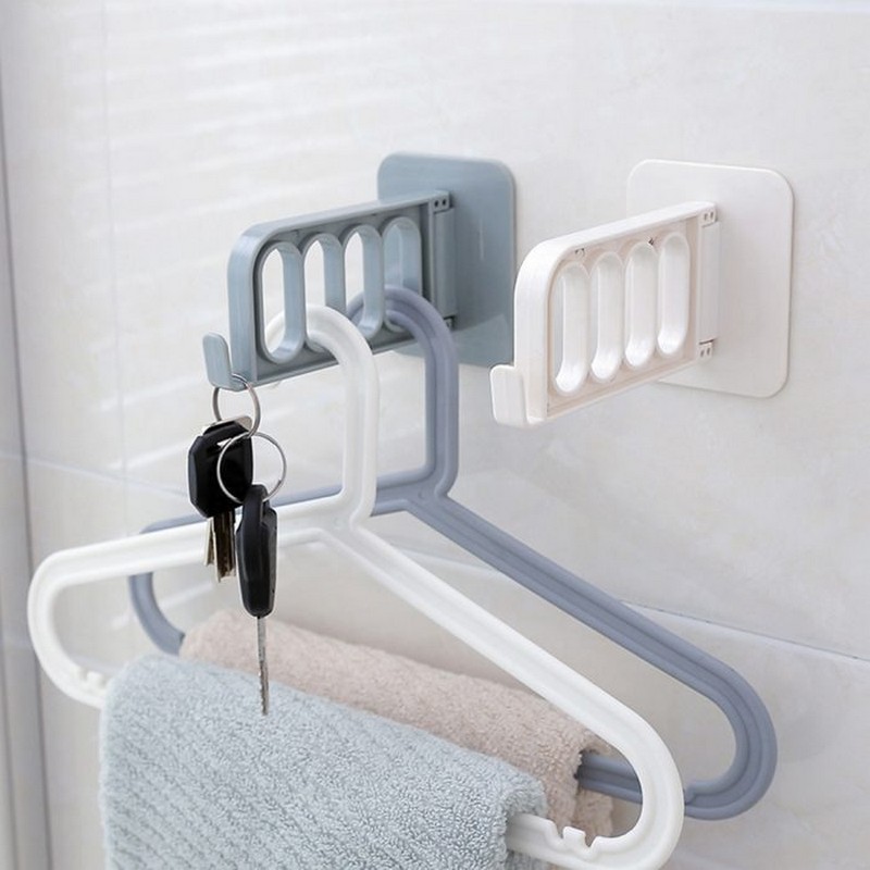 Wall Mount Hook for Hangers - Folding Wall Door Mounted Adhesive 4 Holes Clothes Hanger Hook Storage Rack