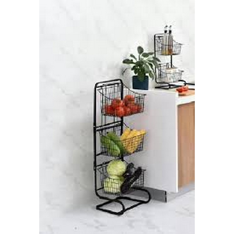 3-Tier Wire Basket Stand - Snack Fruit Vegetable Produce Metal Hanging Storage Bin for Kitchen Pantry - Free-Standing or Stacking Organizer