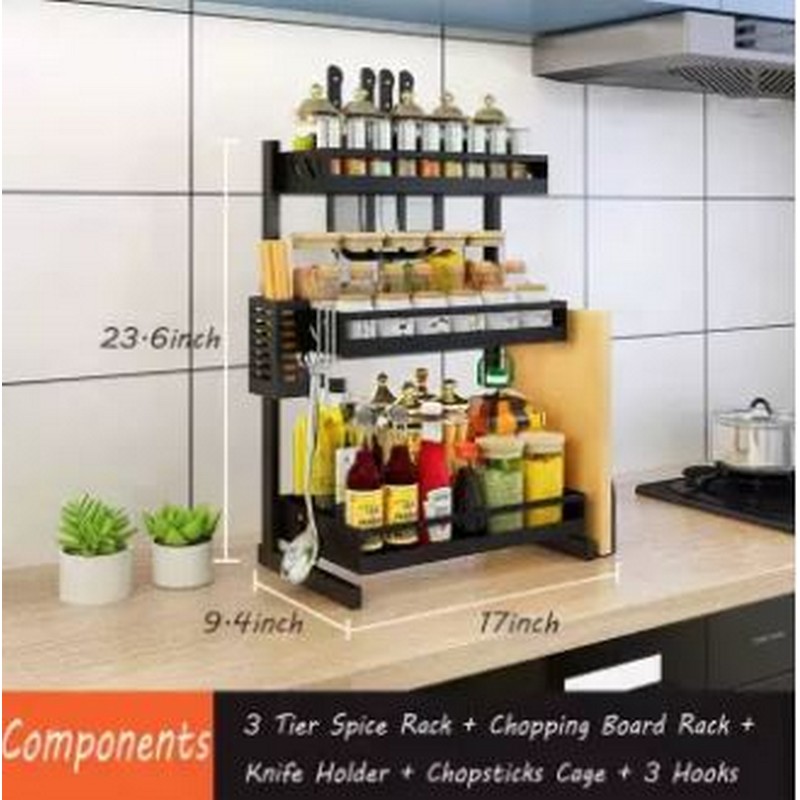 3 Tier Metal Countertop Kitchen Spice Rack Standing Corner Shelf Removable Seasoning Organizer Jars Bottle Storage Knife Utensils Holder