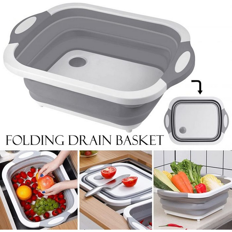 3-in-1 Folding Cutting Board With Basket, Multi-board Kitchen Foldable Cutting Board Fruit Vegetables Washing Drain Sink Storage Basket
